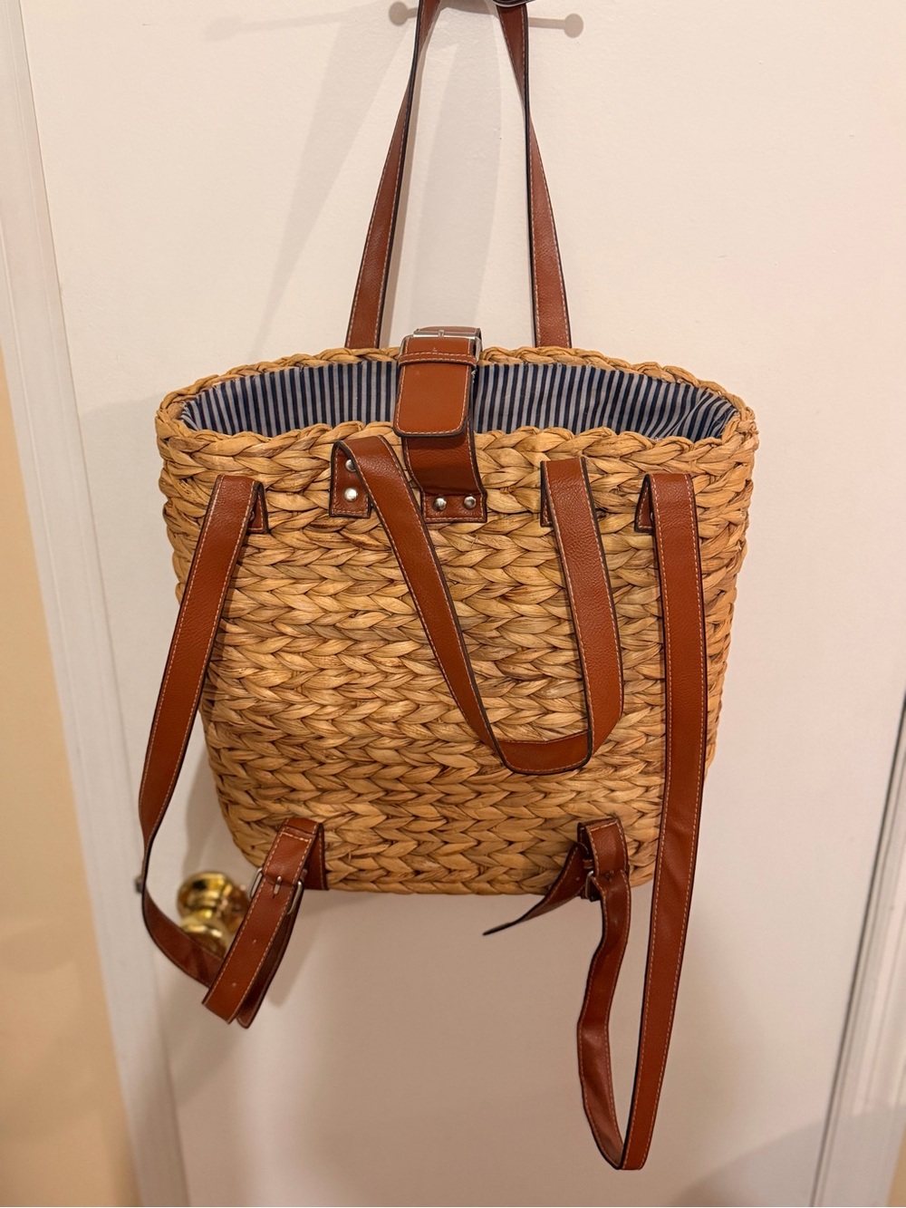 NATURAL LIFE Woven Straw Backpack with Brown Leather-Trim